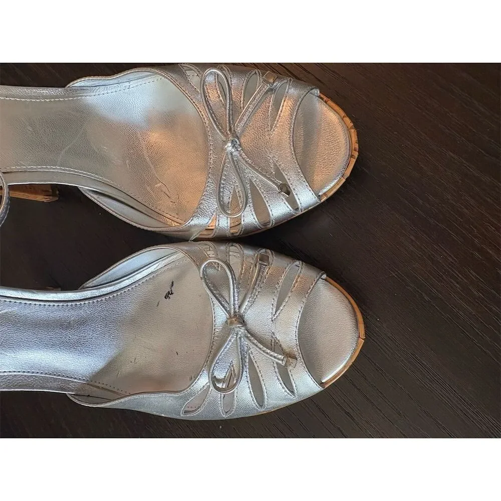 Marc Fisher Silver Metallic Women's Strappy Cork Platform Heels Size‎ 10